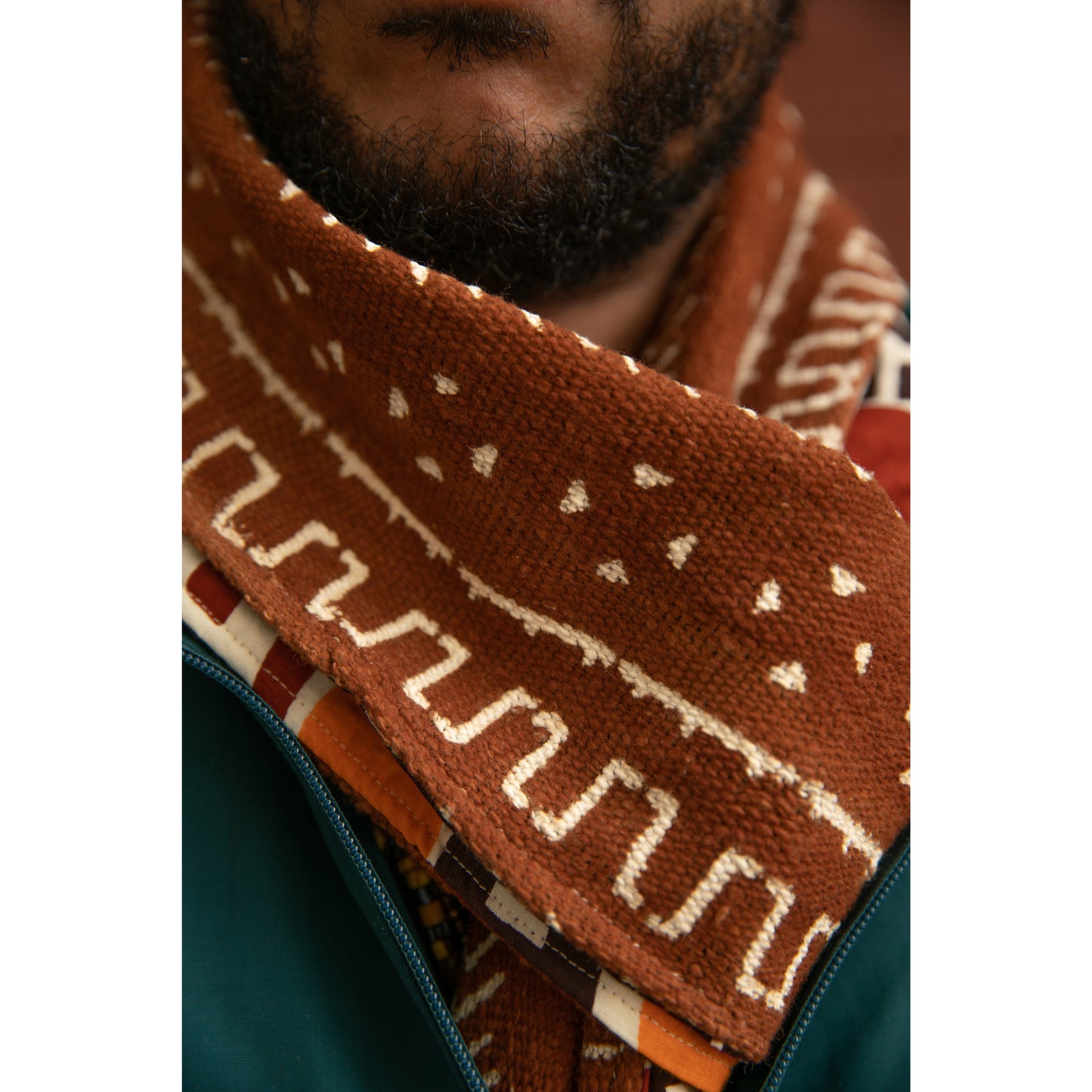 Nambili 'Isabis' Ankara Wax Print & Rust MudCloth Scarf - Rust/Cream/Orange/Brown - House Of Nambili