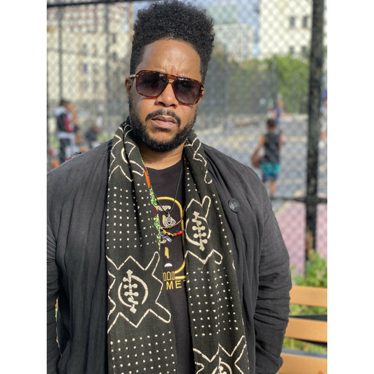 Nambili 'Isabis' Ankara Print & White on Black MudCloth Scarf - Green/Orange/Cream - House Of Nambili