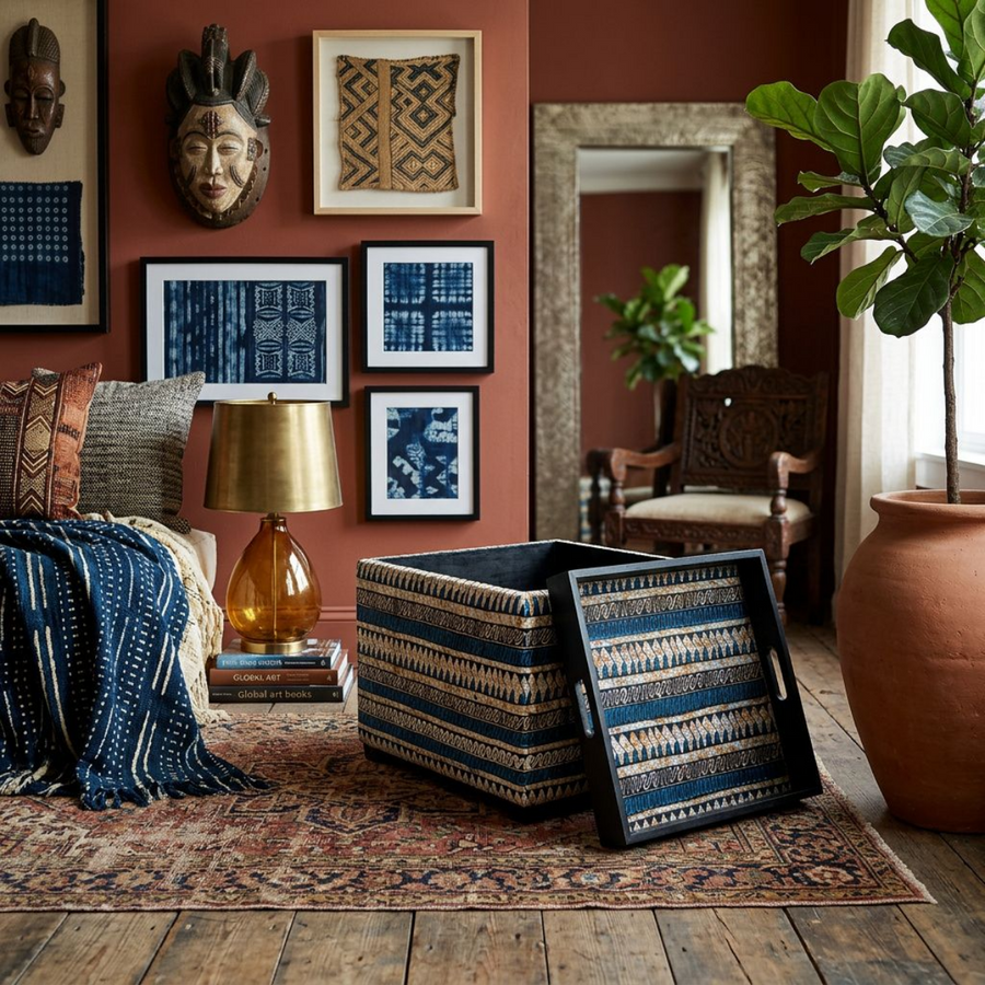 African Fusion Upholstered Storage Ottoman & Serving Tray