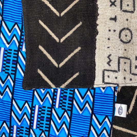 Nambili 'Isabis' Ankara Print & Half/Half MudCloth Scarf - Blue/Black - House Of Nambili