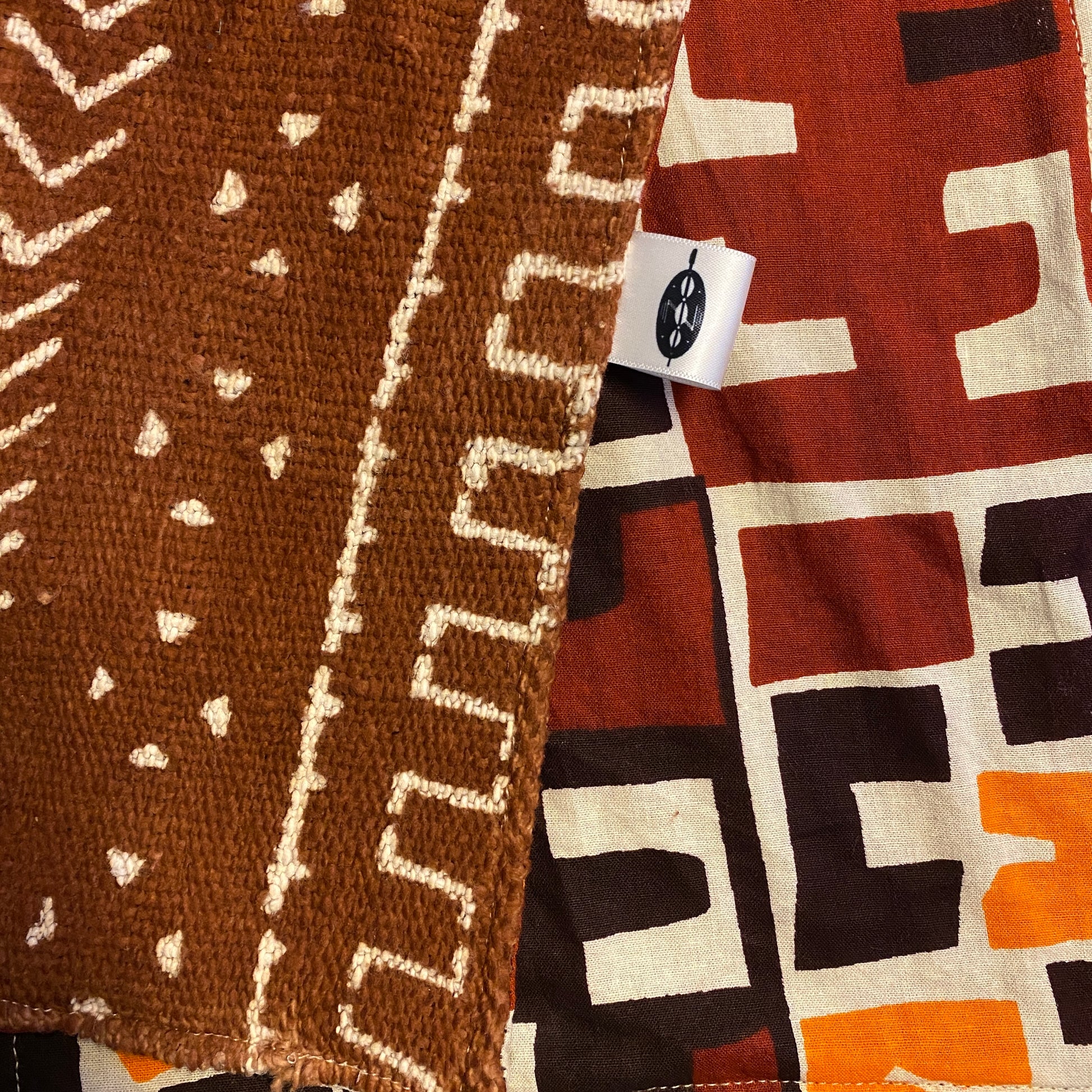 Nambili 'Isabis' Ankara Wax Print & Rust MudCloth Scarf - Rust/Cream/Orange/Brown - House Of Nambili