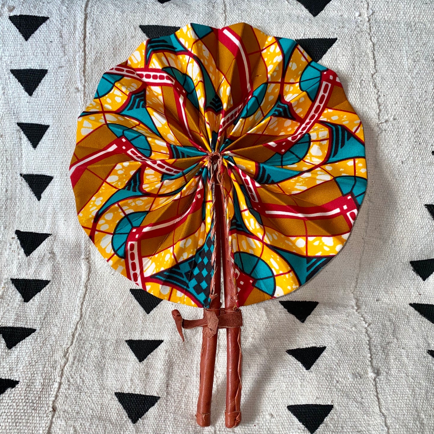 African Print Fan - Yellow/Teal/Red/Olive-Gold